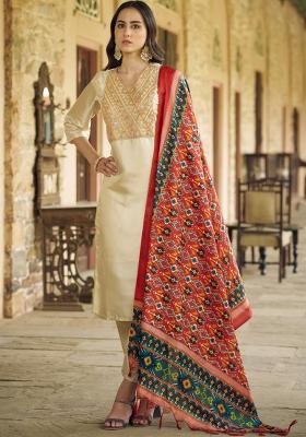 Beige Embroidered Silk Blend Kurta Set