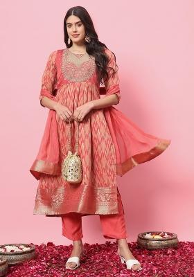 Peach Embroidered Silk Blend Kurta Set