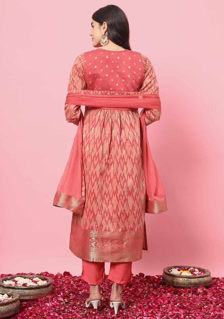 Peach Embroidered Silk Blend Kurta Set - Indya