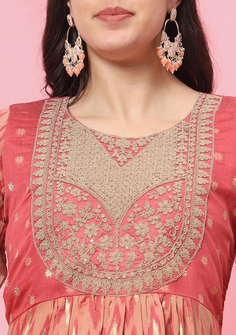 Peach Embroidered Silk Blend Kurta Set - Indya