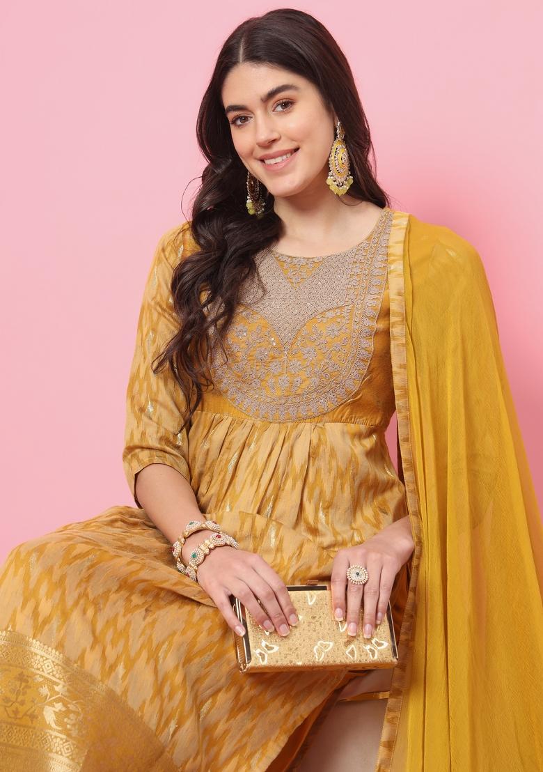 Mustard Embroidered Silk Blend Kurta Set - Indya