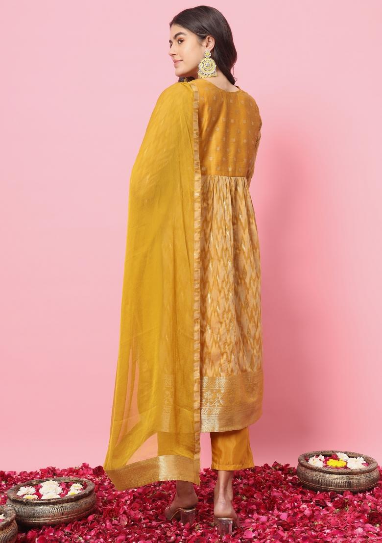 Mustard Embroidered Silk Blend Kurta Set - Indya