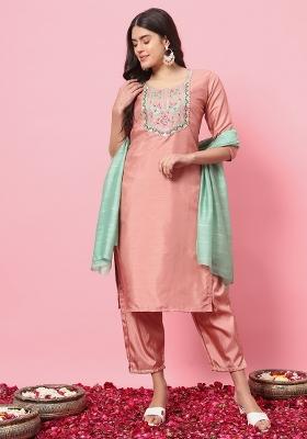 Peach Embroidered Silk Blend Kurta Set