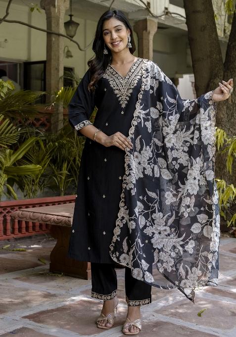 Black Embroidered Silk Blend Kurta Set