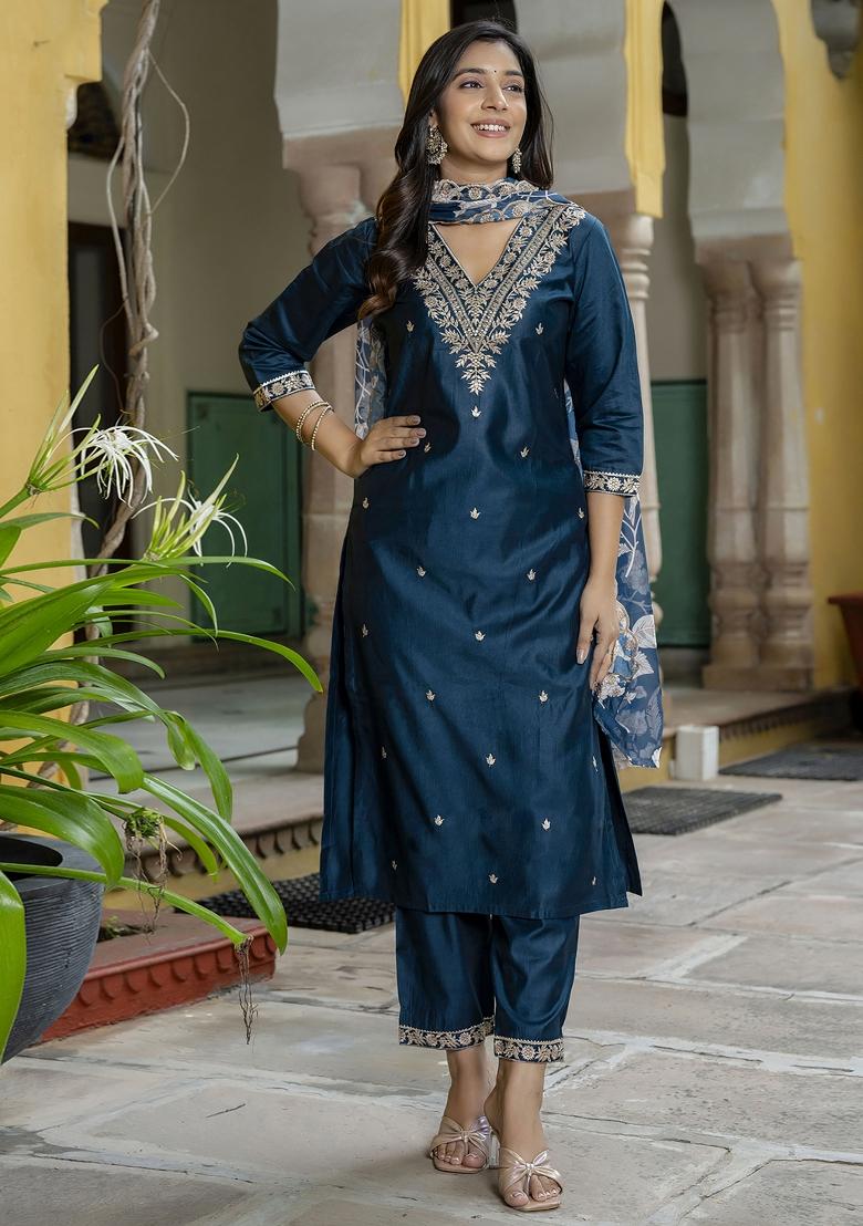 Teal Embroidered Silk Blend Kurta Set - Indya