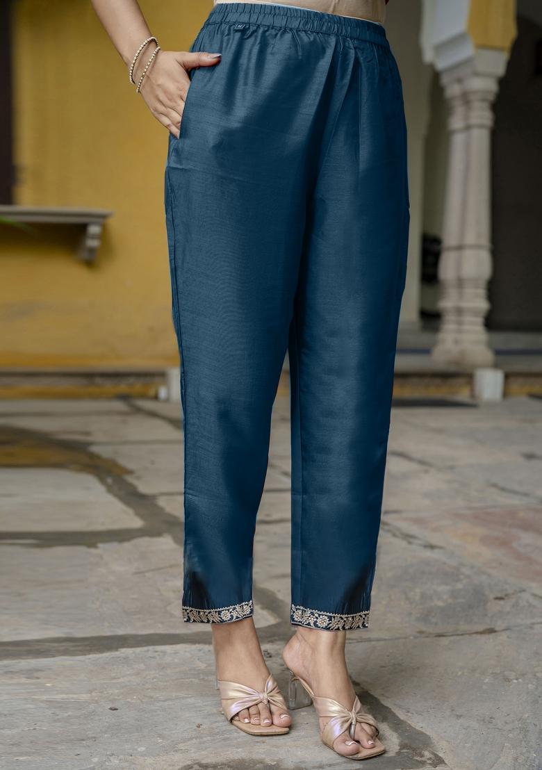 Teal Embroidered Silk Blend Kurta Set - Indya