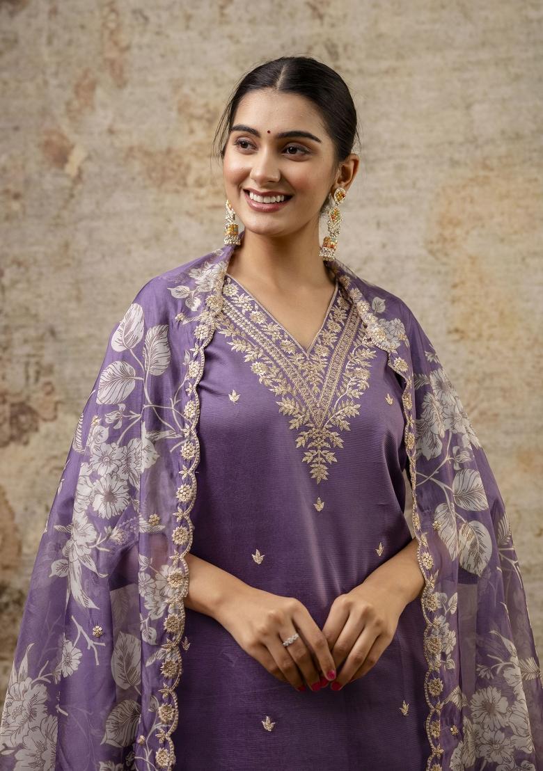 Lavender Embroidered Silk Blend Kurta Set - Indya