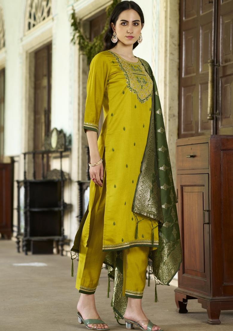 Lemon Embroidered Silk Blend Kurta Set - Indya
