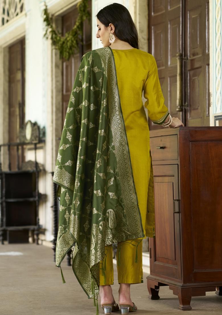 Lemon Embroidered Silk Blend Kurta Set - Indya