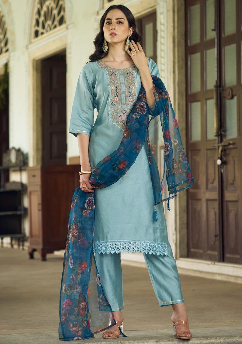 Sky Blue Embroidered Rayon Kurta Set - Indya