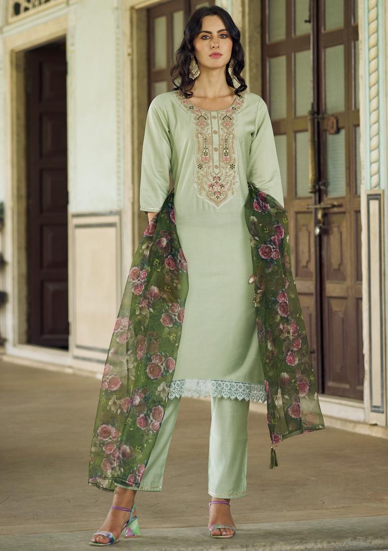 Pista Embroidered Rayon Kurta Set - Indya