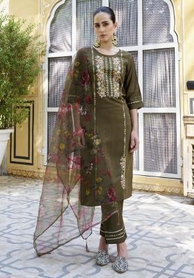 Mehendi Embroidered Rayon Kurta Set