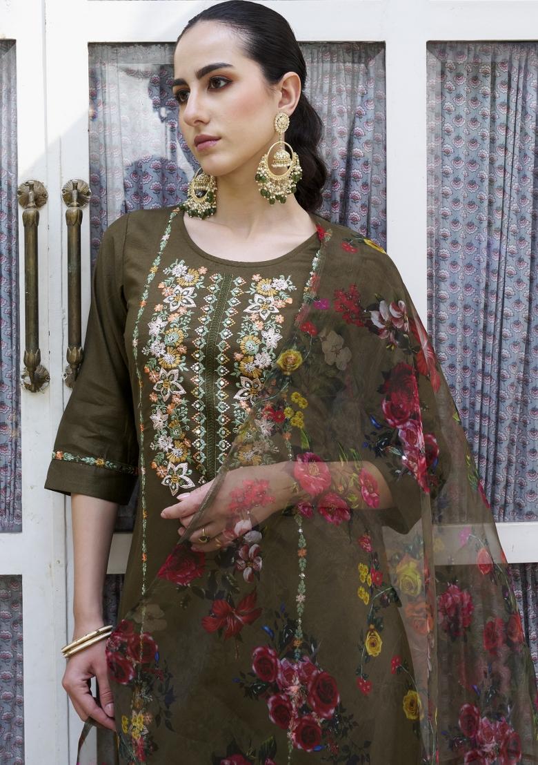 Mehendi Embroidered Rayon Kurta Set - Indya