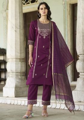 Purple Embroidered Rayon Kurta Set