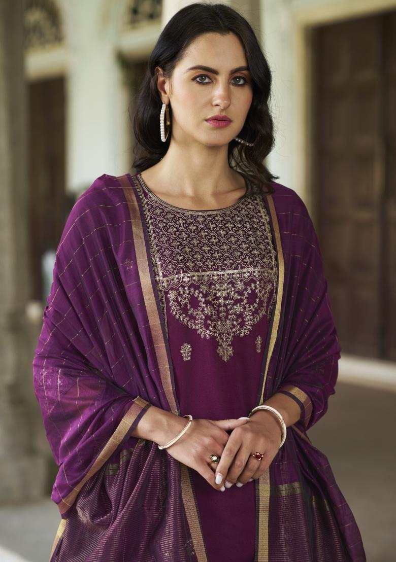 Purple Embroidered Rayon Kurta Set - Indya