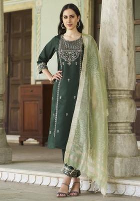 Green Embroidered Rayon Kurta Set