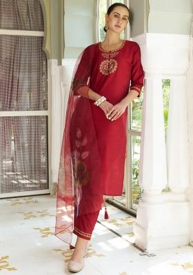 Maroon Embroidered Silk Blend Kurta Set