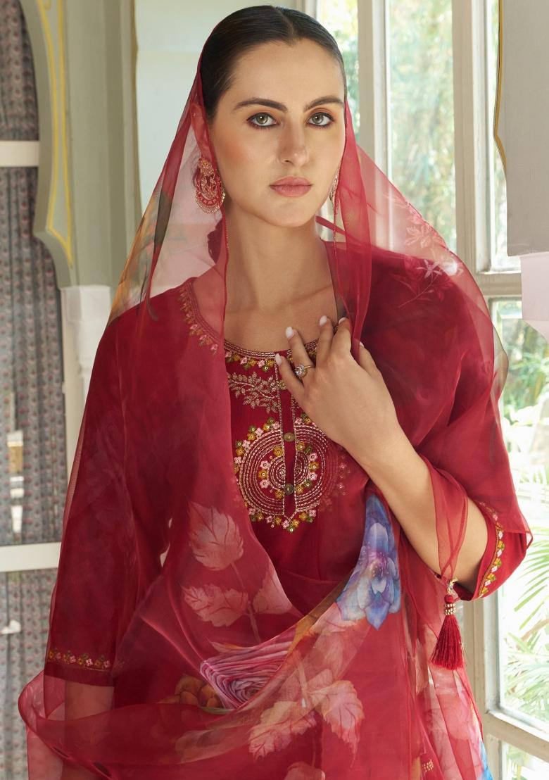 Maroon Embroidered Silk Blend Kurta Set - Indya