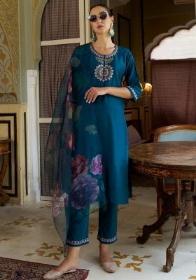 Teal Blue Embroidered Silk Blend Kurta Set
