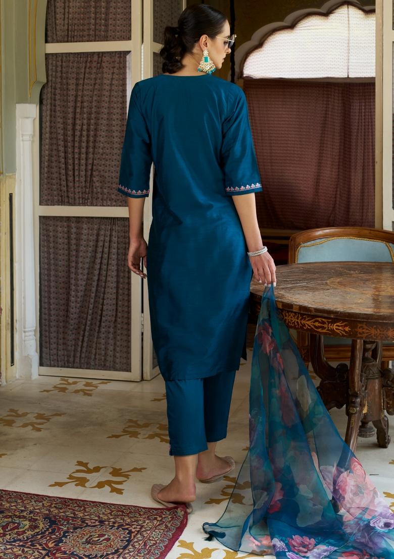 Teal Blue Embroidered Silk Blend Kurta Set - Indya