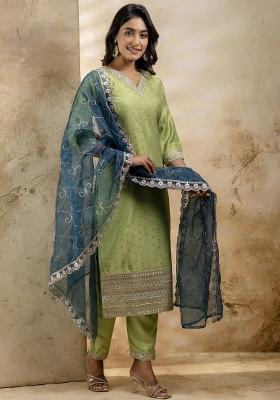 Mehendi Embroidered Silk Blend Kurta Set