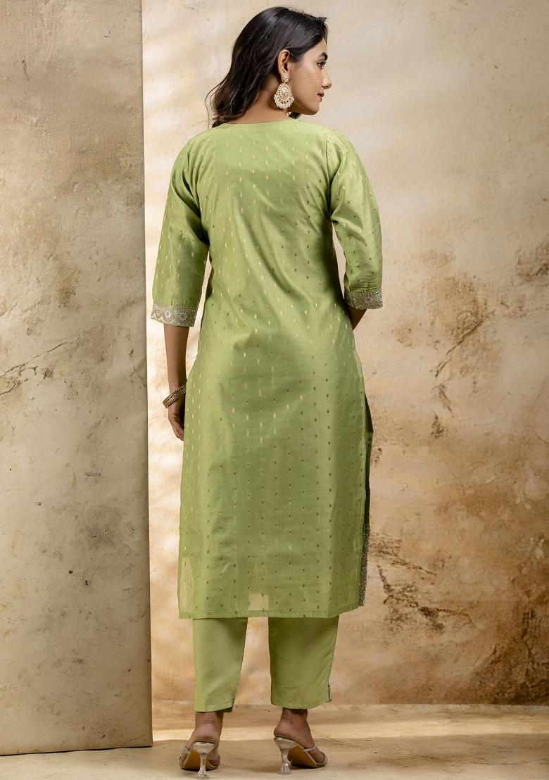 Mehendi Embroidered Silk Blend Kurta Set - Indya