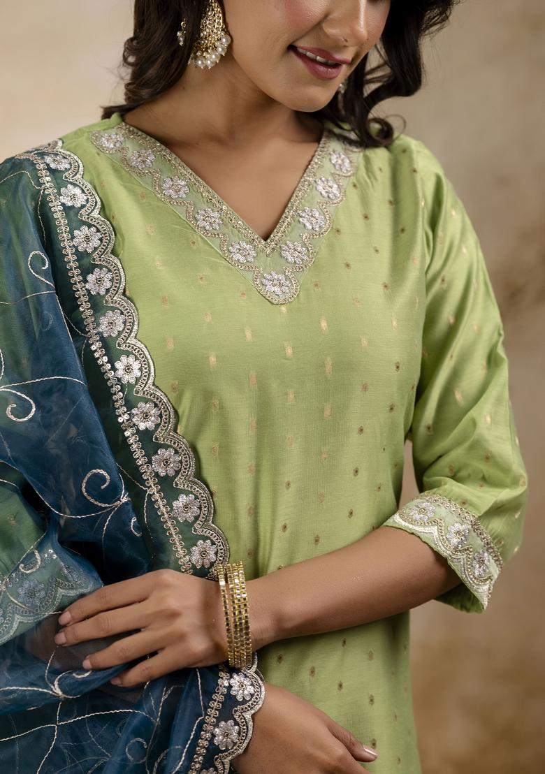 Mehendi Embroidered Silk Blend Kurta Set - Indya