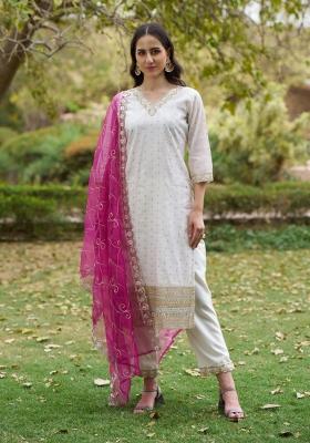 White Embroidered Silk Blend Kurta Set