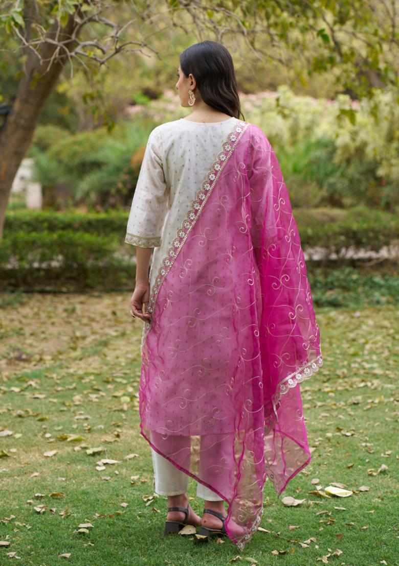 White Embroidered Silk Blend Kurta Set - Indya