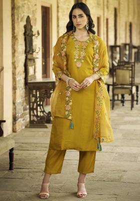 Mustard Embroidered Silk Blend Kurta Set