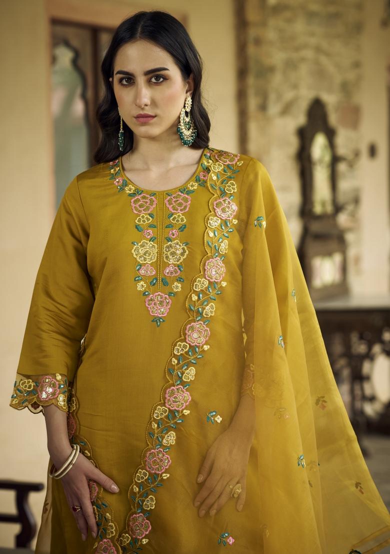 Mustard Embroidered Silk Blend Kurta Set - Indya