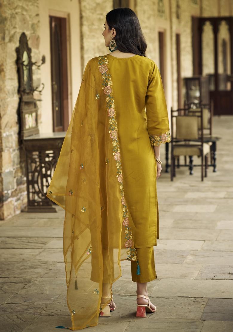 Mustard Embroidered Silk Blend Kurta Set - Indya