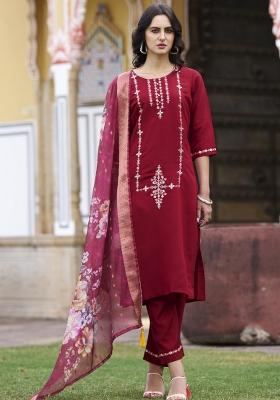Maroon Embroidered Silk Blend Kurta Set