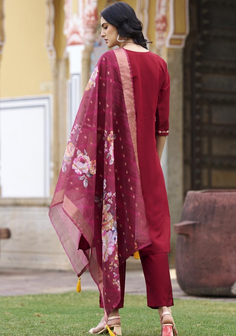 Maroon Embroidered Silk Blend Kurta Set - Indya
