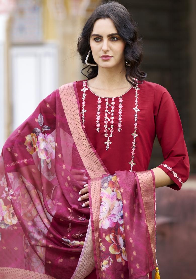 Maroon Embroidered Silk Blend Kurta Set - Indya