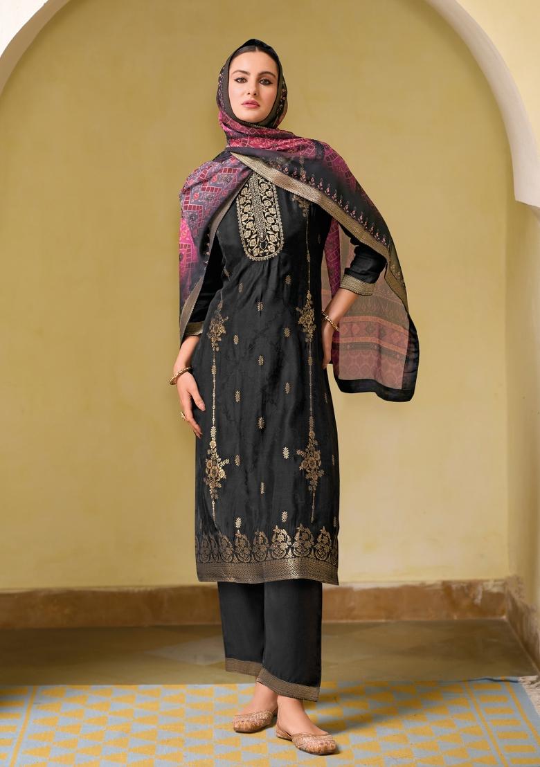 Black Embroidered Viscose Kurta Set - Indya