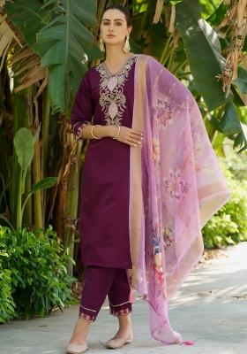 Purple Embroidered Rayon Kurta Set