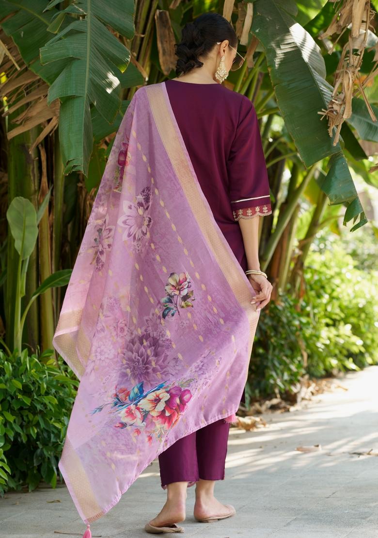 Purple Embroidered Rayon Kurta Set - Indya