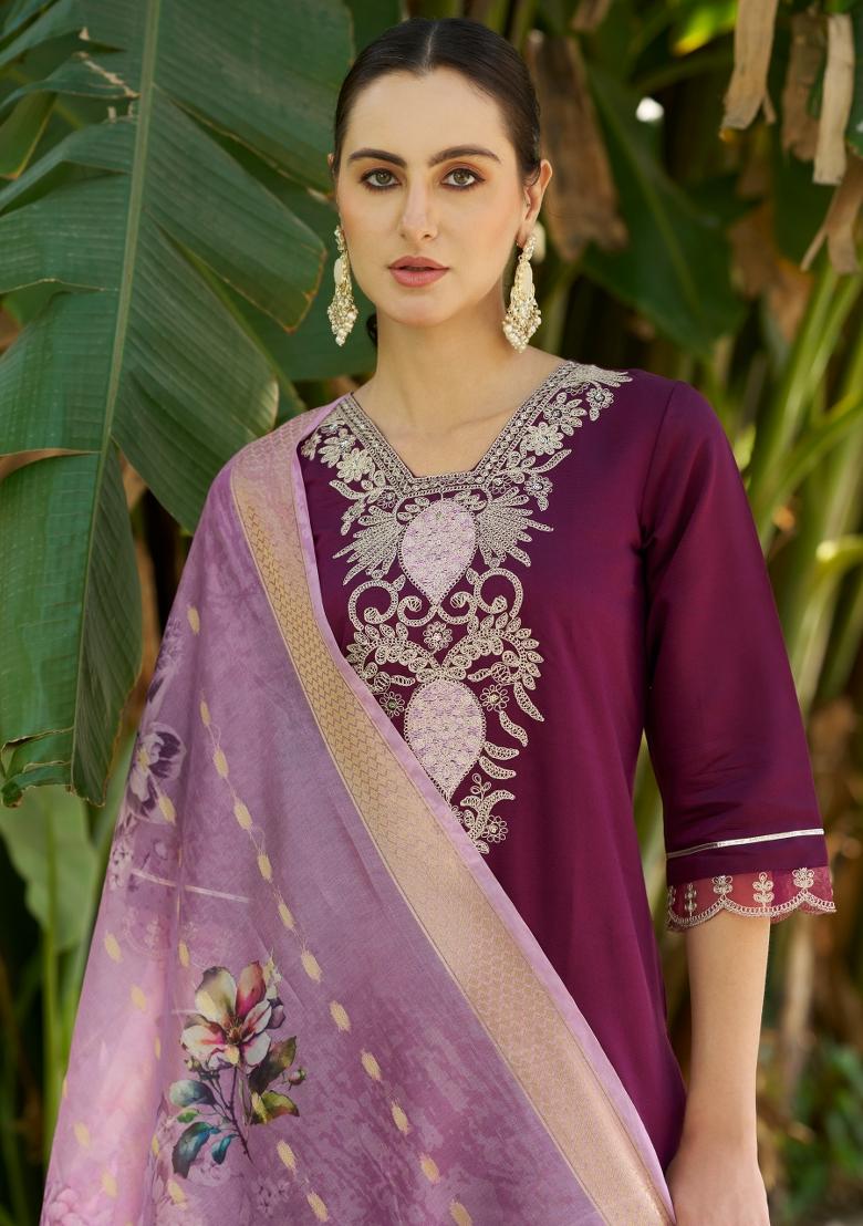 Purple Embroidered Rayon Kurta Set - Indya