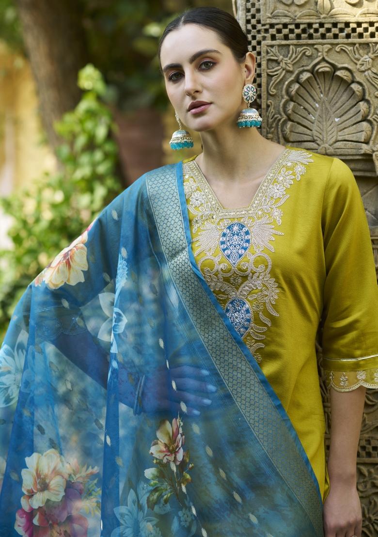 Lemon Embroidered Rayon Kurta Set - Indya