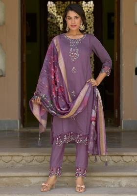Lavender Embroidered Silk Blend Kurta Set