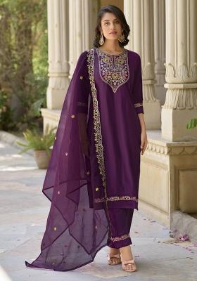 Purple Embroidered Rayon Kurta Set