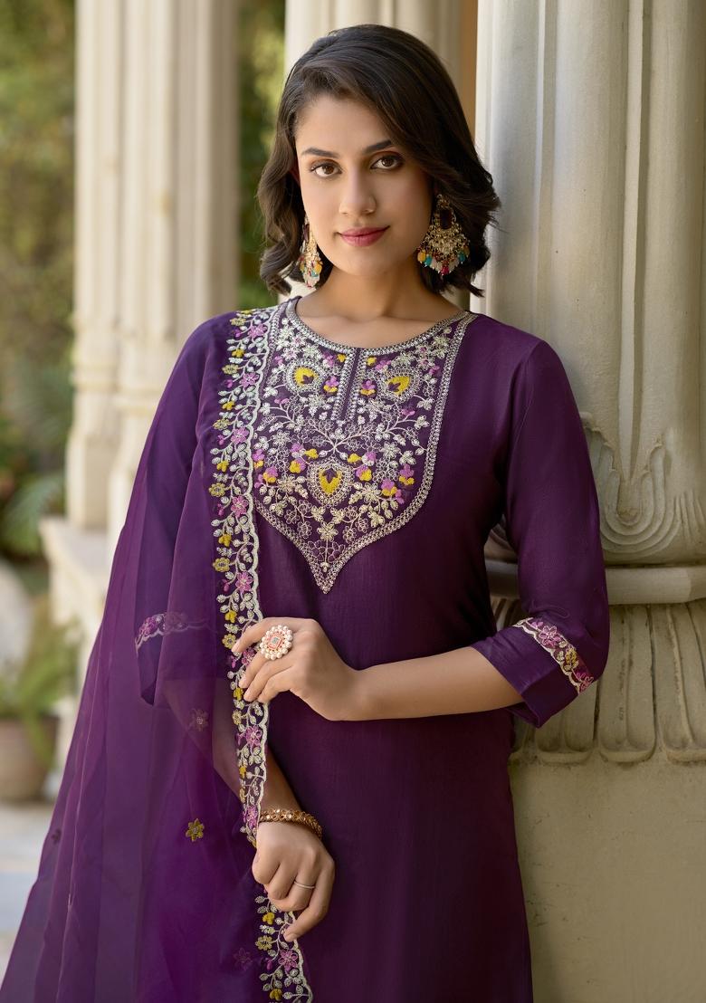 Purple Embroidered Rayon Kurta Set - Indya