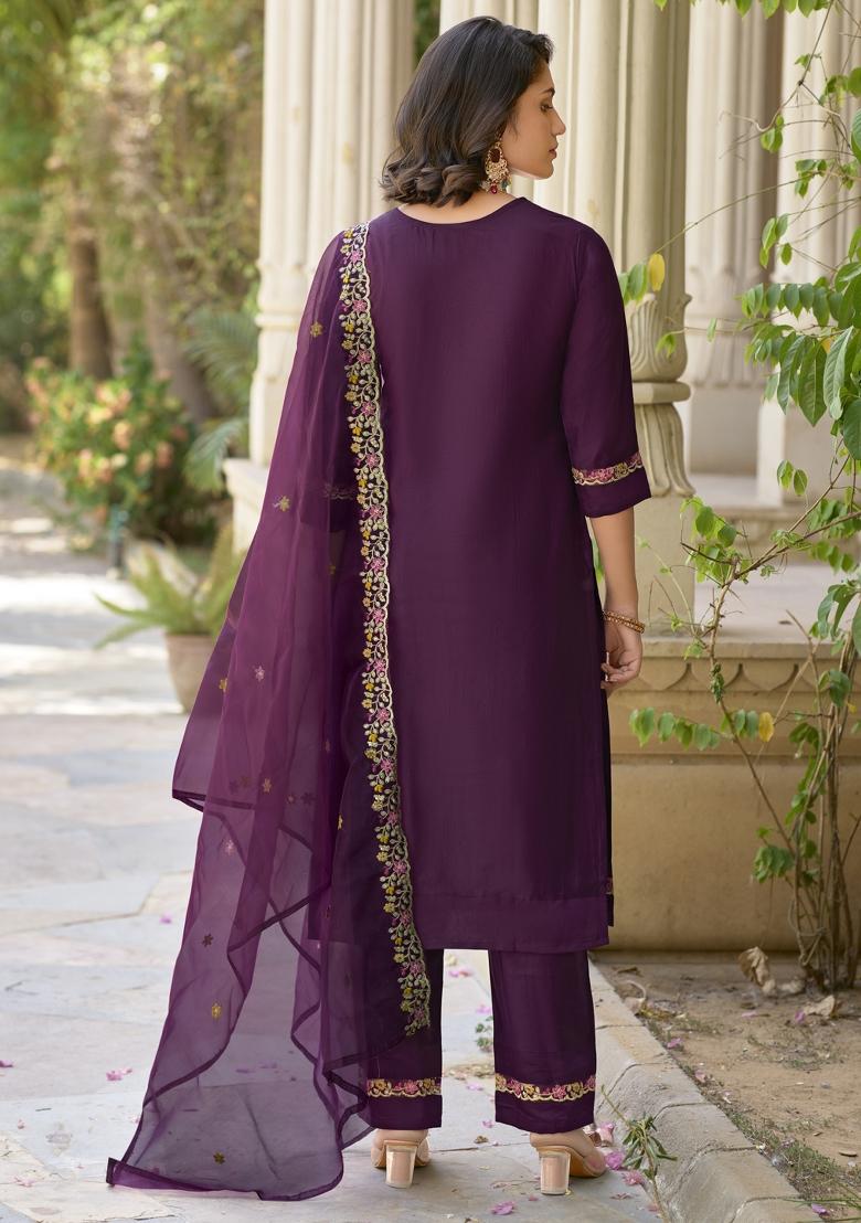 Purple Embroidered Rayon Kurta Set - Indya