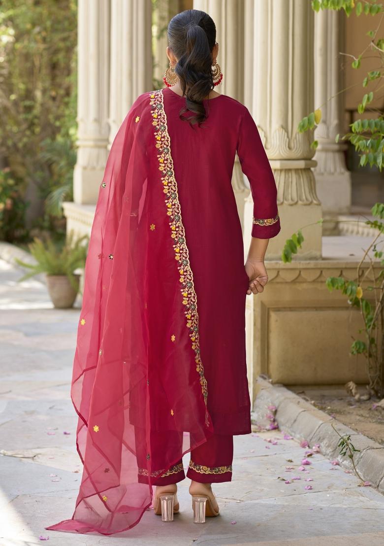 Maroon Embroidered Rayon Kurta Set - Indya