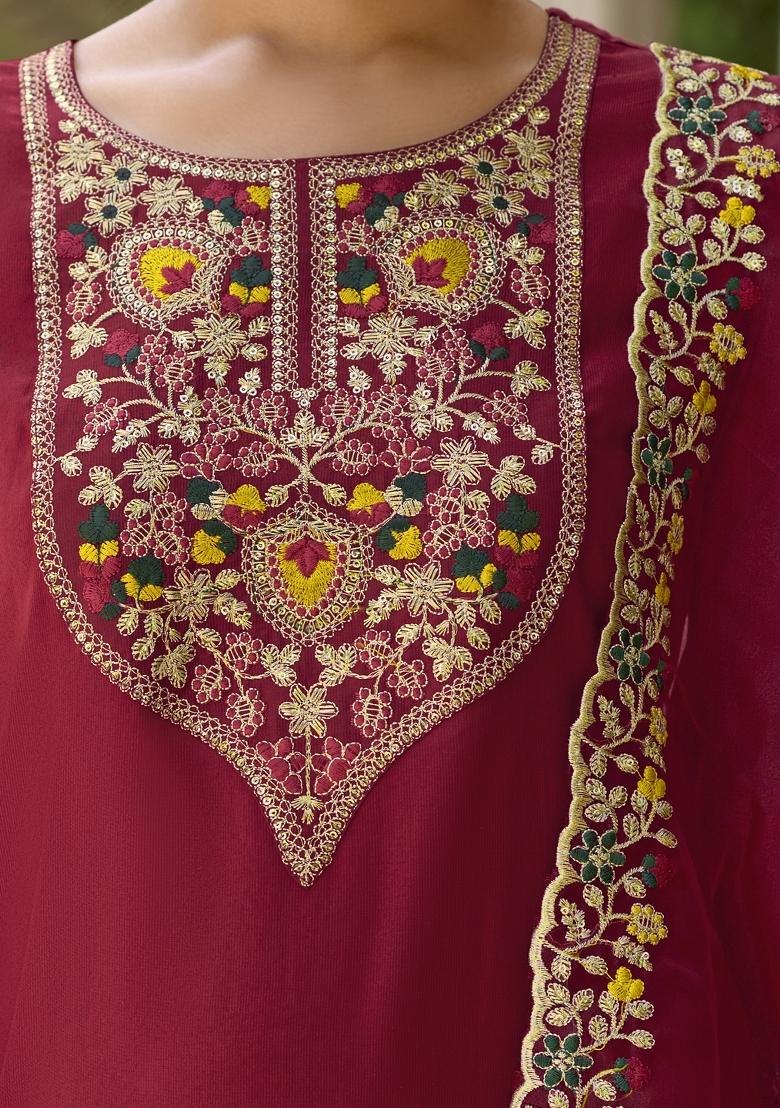 Maroon Embroidered Rayon Kurta Set - Indya