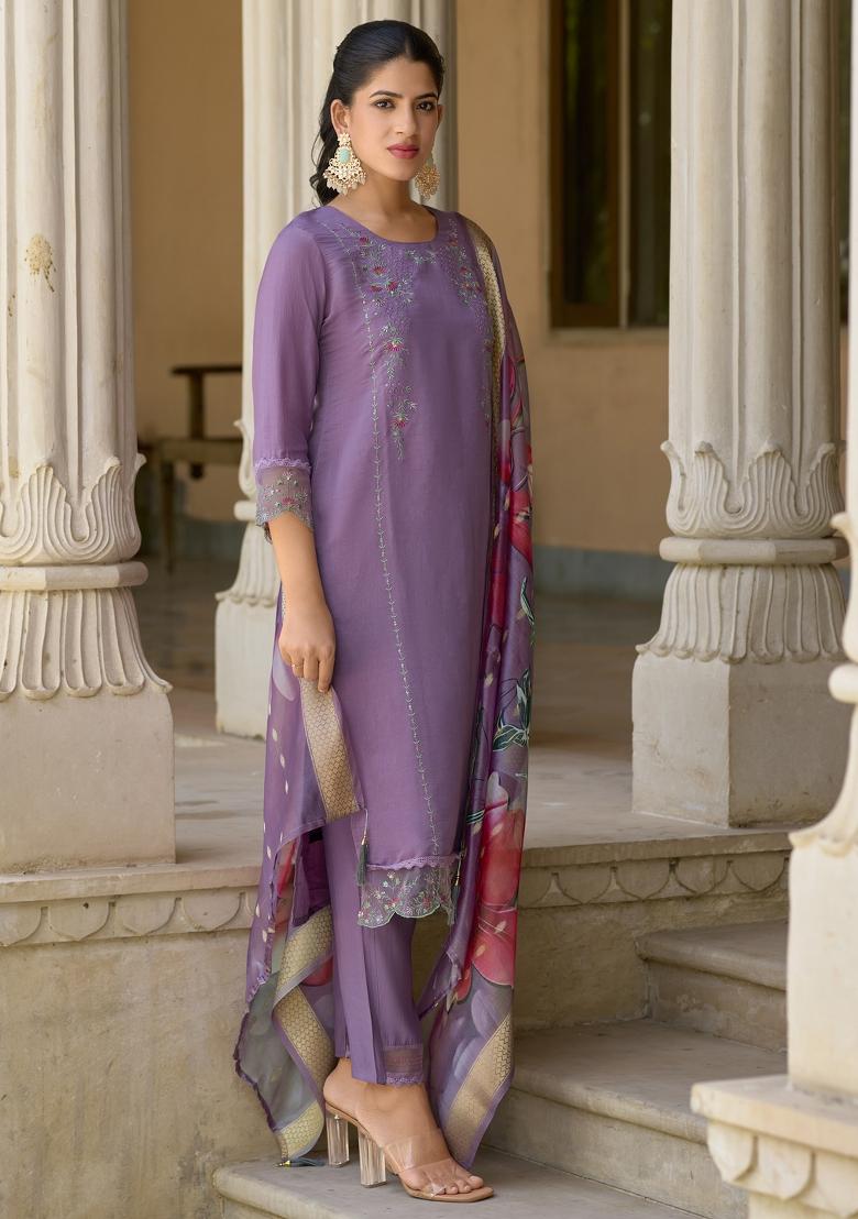Lavender Embroidered Silk Blend Kurta Set - Indya