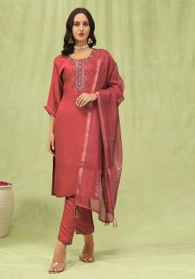 Peach Embroidered Silk Blend Kurta Set