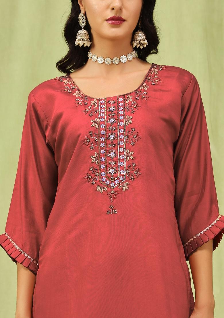 Peach Embroidered Silk Blend Kurta Set - Indya