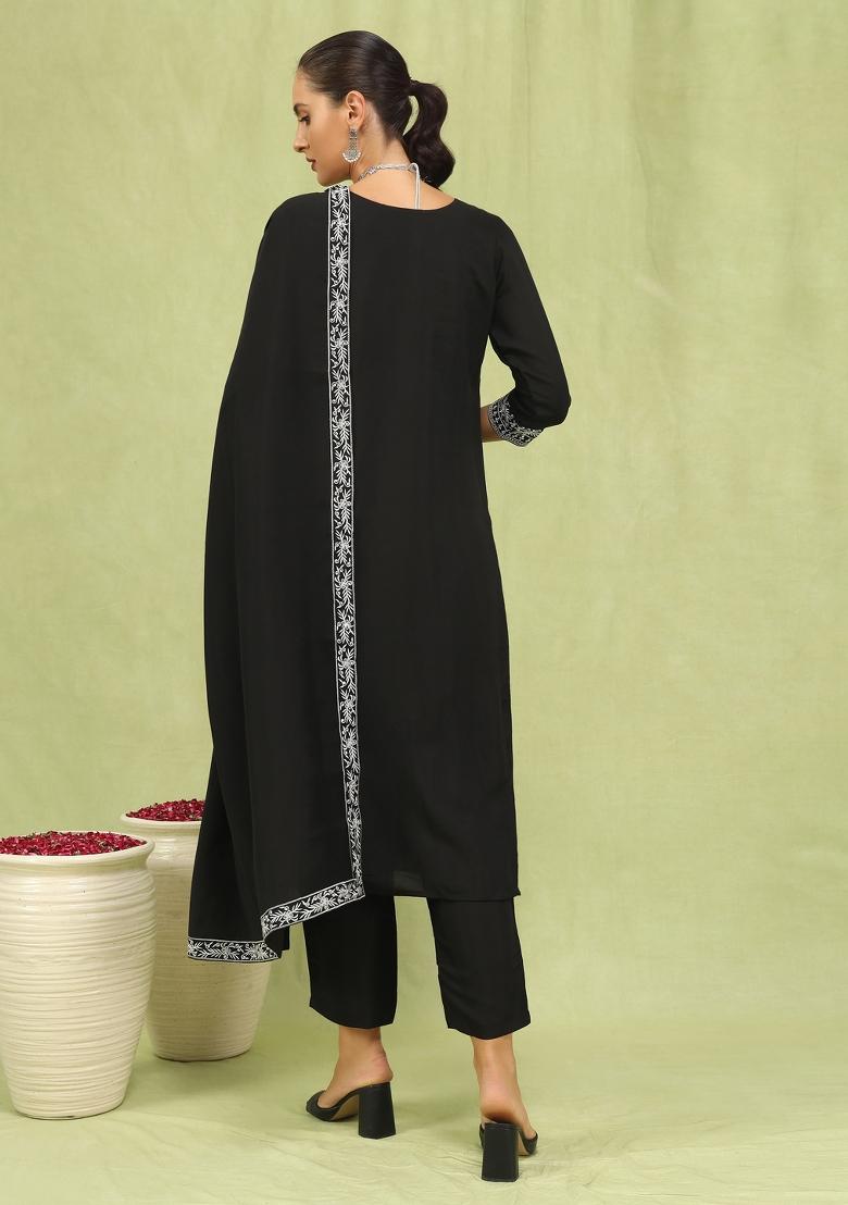 Black Embroidered Silk Blend Kurta Set - Indya